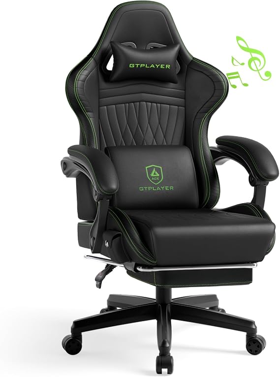 GTPLAYER Gaming Chair with Speakers, Video Game Chairs with Footrest, PC Gamer Chairs for Adults - Padded High Back Ergonomic Reclining Silla Gamer, Linkage Armrest, Ace Pro, Green