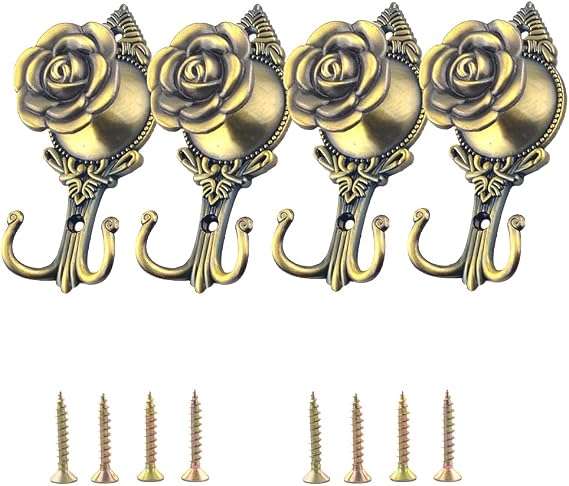 Ailejia Pair Vintage Decorative Drapery Curtain Holdbacks Tieback Hooks Wall Hanging Coat Hooks Flower Design Hookbacks (Rose, Bright Silver)