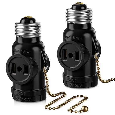 DiCUNO UL Listed E26 to 2 Outlet Adapter, Pull Chain Short, Black, 2-Pack | Pull Chain Light Socket, 2 Polarized Outlet Bulb Splitter, Pull Chain Switch Control, Convert E26 Socket to 2-Prong Outlets