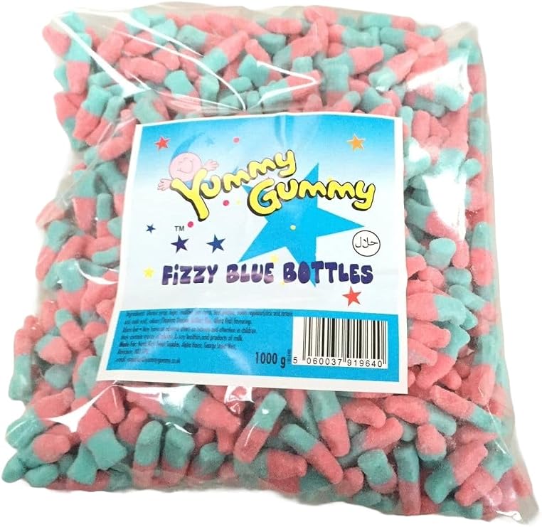 Yummy Gummy Fizzy Blue Bottles – 1kg Bulk Bag | Pink & Blue Bubblegum-Flavored Sweets