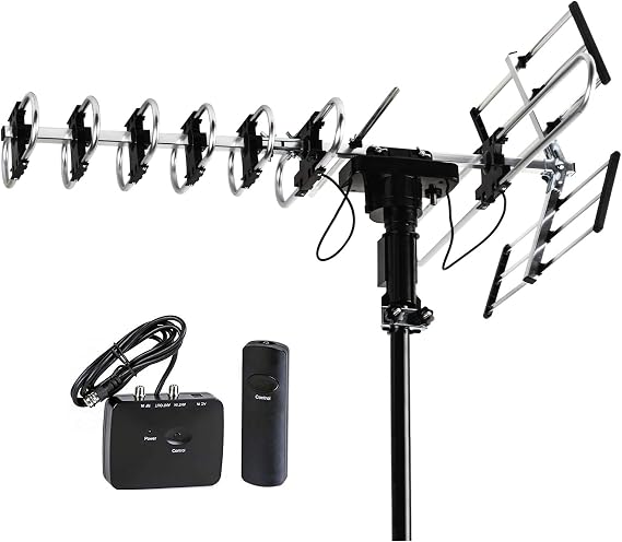 FiveStar Outdoor HD TV Antenna 2019 Model, Up to 200 Miles Long Range, Electric 360 Degree Rotation, UHF/VHF/FM Radio with Infrared Remote Control, Advanced Design