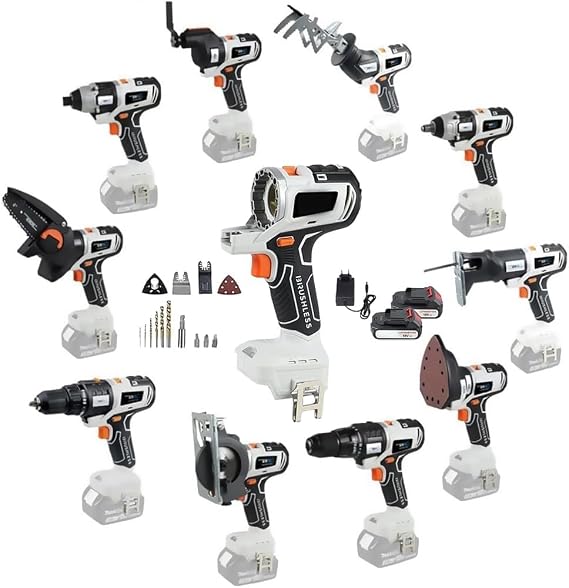 Cordless Power Tool Combo Kit, 10 in 1 Multi-Functional Woodworking Tool Set, Brushless Power Tool Combo Kit for DIY Projects, Cordless Tool Set, 2 x 4.0Ah Battery & Tool Box