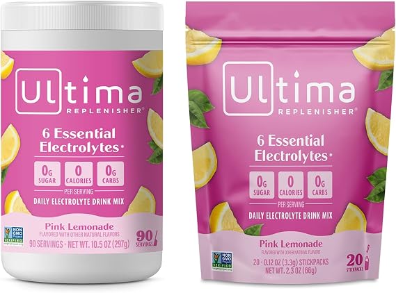 Ultima Replenisher Electrolyte Powder Drink Mix Bundle Sugar Free Pink Lemonade, 90 Serving Canister and 20 Stickpacks 6 Electrolytes and Minerals Keto Friendly, Vegan, Non-GMO