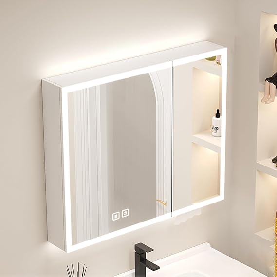 バスルーム用薬品キャビネット、ミラーと LED ライト付き、モダンな壁掛け式バスルーム収納キャビネット、バスルーム用薬品キャビネット、バスルーム埋め込み式または壁掛け式Black,60*70cm/23.6*27.6in