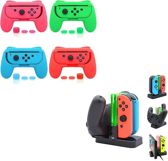 FastSnail Charging Dock and 4 Pack Switch Grips Kit for Nintendo Switch Joy Con & OLED Model, Charger Stand Station with Charging Cable, Wear-Resistant Grip Controller with 12 Thumb Grip