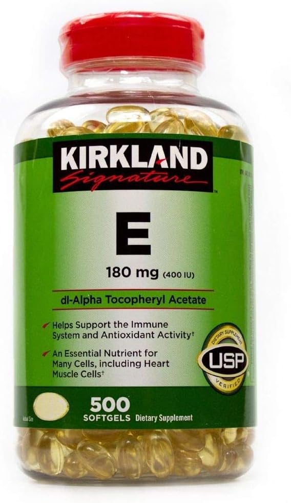Kirkland Signature Vitamin E 400 I.U. 500 Softgels, Bottle, Yellow