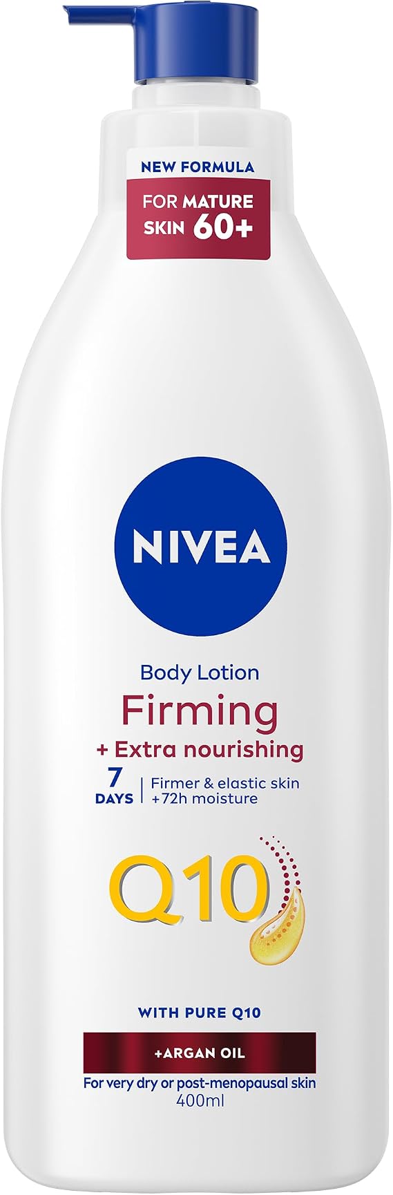 NIVEA Q10 60+ Mature Skin Body Lotion (400ml), Nourishing Firming Cream with Q10 and Argan Oil, NIVEA 72H Moisturising Cream for Ageing and Mature Skin