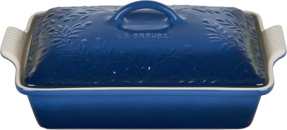 Le Creuset Olive Branch Collection Stoneware Heritage Covered Rectangular Casserole, 4 qt., Marseille with Embossed Lid