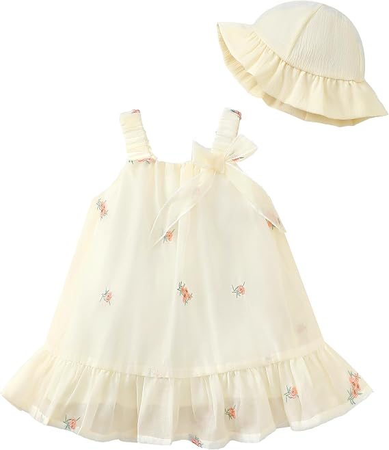 XUANHAO Toddler Girl Dress Summer Kids Sleeveless Tulle Dresses for Girls Cute Ruffle Princess Outfit Beach Sundress with Hat