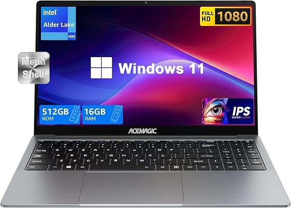 ACEMAGIC Laptop Computer Intel Quad-Core 12th Alder Lake N95(Up to 3.4GHz), 16GB DDR4 512GB SSD Windows Laptop with Metal Body Support 15.6" FHD, WiFi, BT5.0, Speaker, Mic, USB3.2, Type_C, AX15
