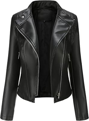 OWEIEYEU Womens Soft Faux Leather Jacket Motorcycle Riding Jacket Black Punk Casual High Street Jacket