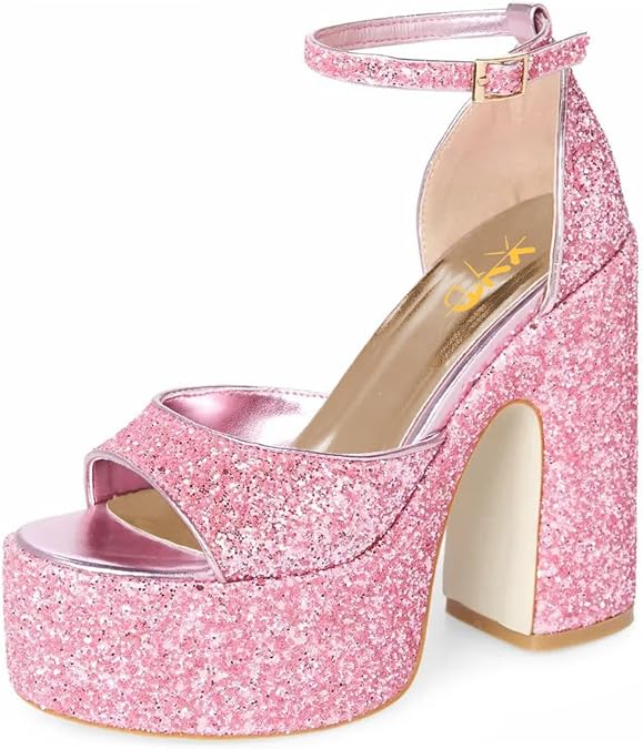 XYD Women Bling Platform Sandals Peep Toe Block Chunky High Heels Ankle Strap Event Evening Night Glitter Shoes