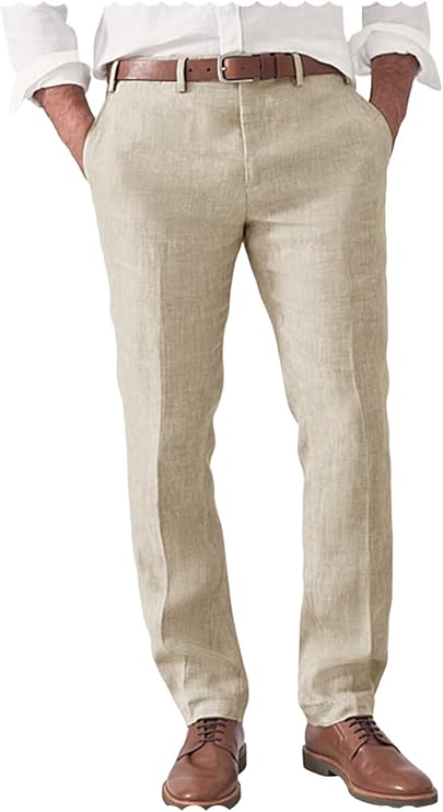 Men's Slim Fit Linen Blend Dress Pants Lightweight Summer Trousers
