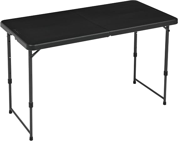 Amazon Basics Portable 4 Ft Rectangular Folding Dining Table, 4 Adjustable Height Settings, Space Saving Fold-in-Half Design and Carrying Handle, Indoor & Outdoor, Washed Black, 47.8 x 23.9 x 33.9 in
