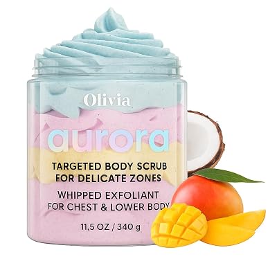 Olivia Aurora Targeted Body Scrub for Delicate Zones Whipped Exfoliant for Chest & Lower Body Clears Acne, Softens & Hydrates Natural Mango & Coconut Formula Fruity Scent 10 oz
