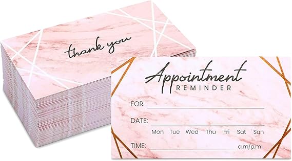 Pipilo Press Appointment Reminder Cards - 3.5 x 2 In, Marble & Rose Gold Foil, 100 Pack - Salon & Hair Appointment Reminder Cards with Date, Time & Name Fields