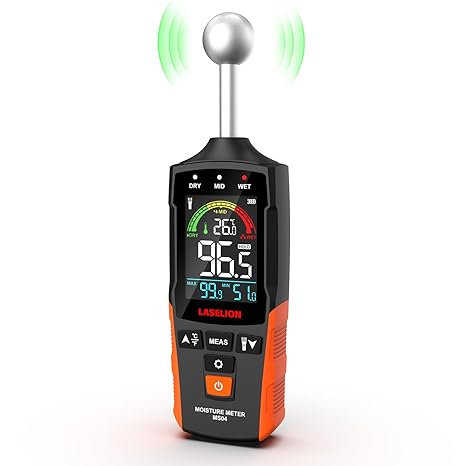 LASELION MS04 Wall Moisture Meter with Ball Sensor for Non-Destructive Area Scans Ideal for Wood Walls and Construction Site Materials Adjustable Moisture Alarms and Temperature Display
