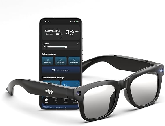 AI Smart Glasses with HD Camera, BT Call, 8MP Anti-Shake Camera Glasses with 1080P Video Recording Dual Mic, Simultaneous Interpretation/GPT Identify Objects, Photochromic Lens