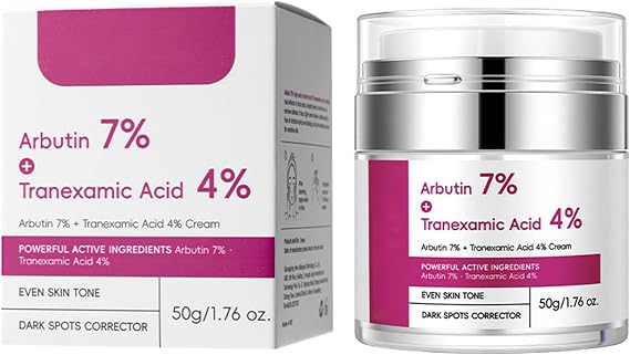 Arbutin 7% & Tranexamic Acid 4% Cream - Dark Spot Corrector & Brightening Face Moisturiser for Even Skin Tone - Reduces Appearance of Acne Scars & Sun Damage - Lightweight Non-Greasy 50g