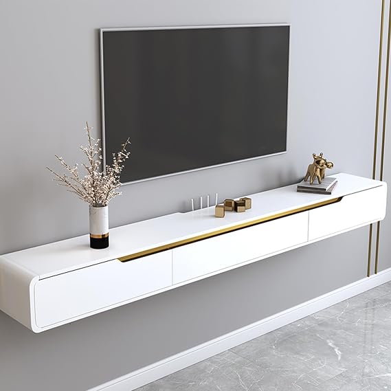 Solid wood Floating TV Stand, With 2 drawers floating tv cabinet, Floating tv unit wall mounted, completely assembled living room wall mounted tv unit (White, 200cm)