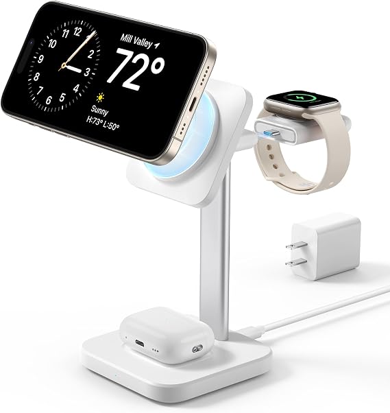 ESR 3 in 1 Wireless Charging Station for Apple [Certified] Portable Apple Watch Charger & MagSafe Charger Stand, Wireless Charger for Multiple Devices iPhone 16/15/14/13/12&Watch&AirPods, White