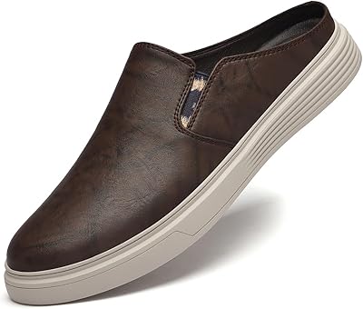 Mens Genuine Leather Slip-On Mules Clog Slippers Comfortable Elastic Closure Round Toe Backless Male Loafer Slippers for Office Work Drive Dressy Mules