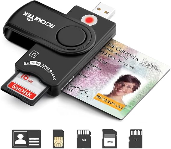 USB Smart Card Reader, Rocketek DOD Military USB Cac Memory Card Reader Compatible with Windows, Linux/Unix, MacOS X - Build In SDHC/SDXC/SD Card Reader and Micro SD Card Reader