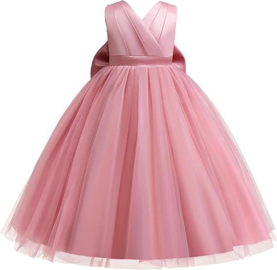 Elegant Princess midi Dress for Girls Detachable Bow, Perfect for Weddings, Graduations