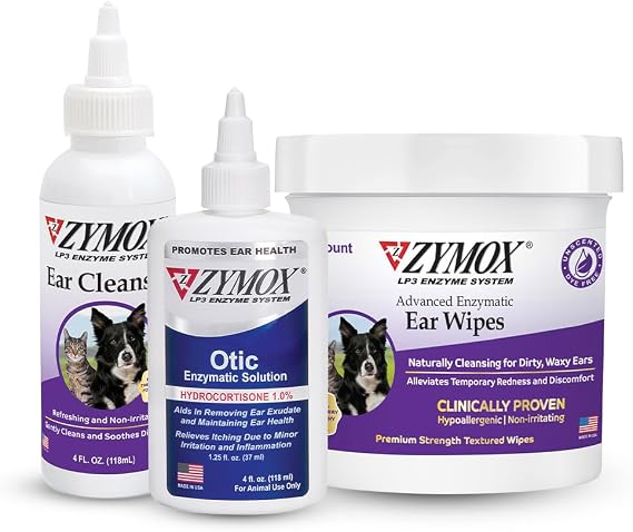 Zymox Enzymatic Ear Wipes, Ear Cleanser, Otic Ear Solution for Dogs and Cats - Product Bundle - for Dirty, Waxy, Smelly Ears and to Soothe Ear Infections, 100 ct, 4 oz and 4 oz