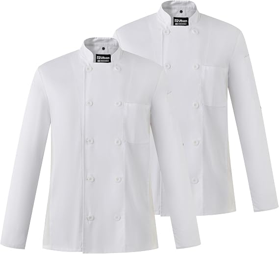 Ubon Men's Chef Coat Jacket with Breathable Mesh Side Vents | Chef Shirt for Kitchen, Restaurant, Chef Uniform with Sleeve Thermometer Pocket, Chest Pocket, Chef Apron Tab