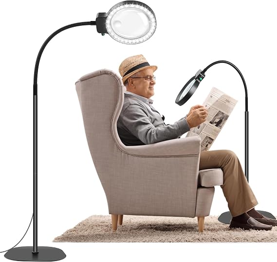 NZQXJXZ 2-in-1 Magnifying Glass with Light and Stand,5X 10X Magnifying Lamp | with 36 Adjustable Brightness LEDs, Flexible Gooseneck Floor Standing Magnifying Lamp for Close Work, Craft, Reading