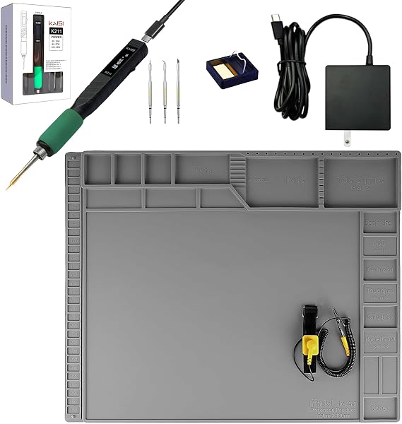 Kaisi Large Soldering Mat(Grey) & K211 65W USB-C Soldering Iron kit for Soldering Station,Laptop,Watch Repair