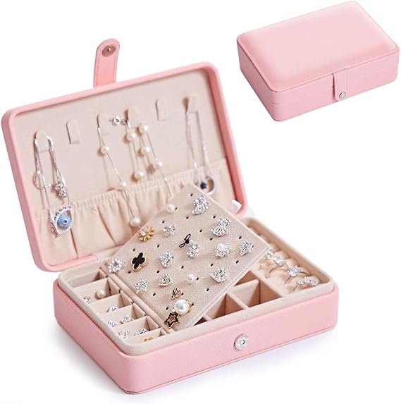 LATIT Small Jewelry Box Portable Travel Mini Jewelry Organizer Leather Necklace Ring Storage Organizer Jewellery Storage Holder Display for Women Girls Gift-Pink