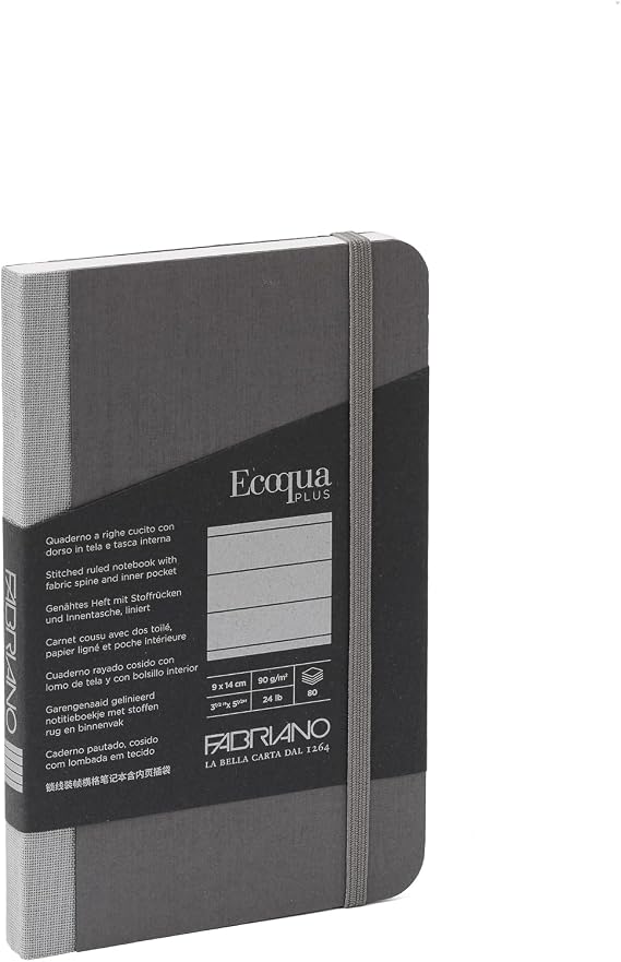 Fabriano EcoQua Plus 3.5" x 5.5" Fabric-Bound Notebook, 80 Lined Sheets, Grey