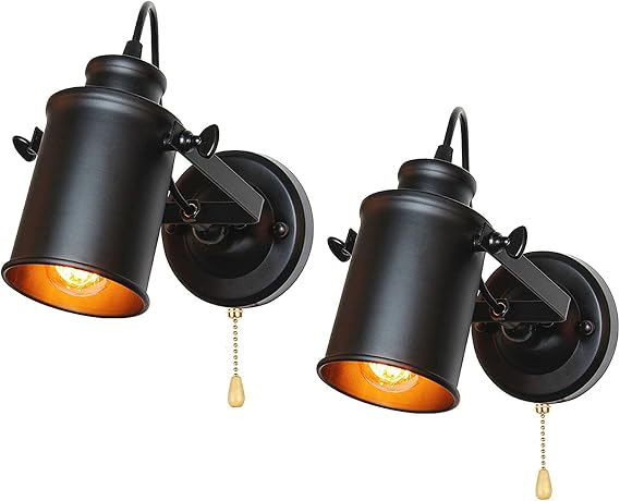 2 Pack Black Industrial Vintage Wall Lamps, E27 LED Indoor Wall Lights with Pull Cord Switch, Adjustable 180° Swing Arm for Bedroom, Cafe, Living Room [Energy Class A+++]
