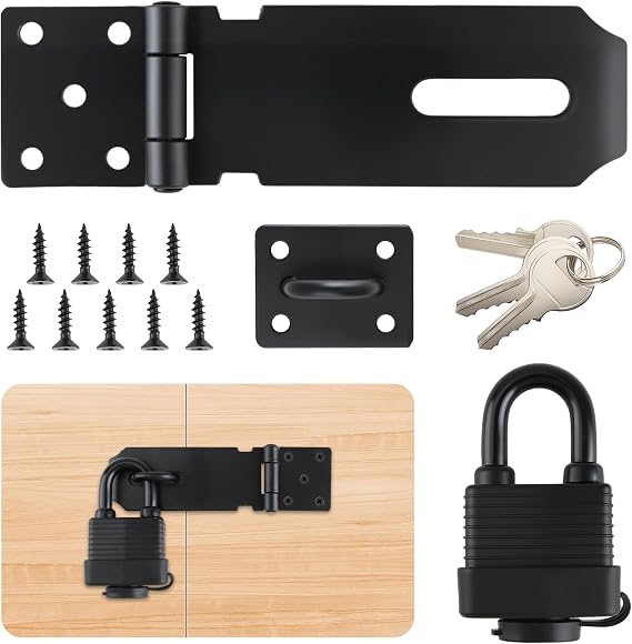 Heavy Duty Gate Bolt Lock with Padlock, 4 Inch Shed Lock Hasp and Staple