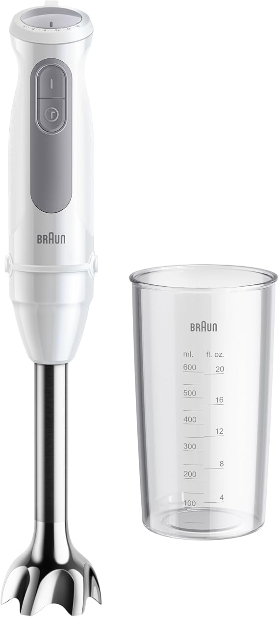 Braun Stabmixer MultiQuick 5 MQ 50001 M 1000W 21 Geschwindigkeitsstufen+Turbo Edelstahl Pürierfuß Easy Click System SplashControl Inkl. 600ml Becher Weiß