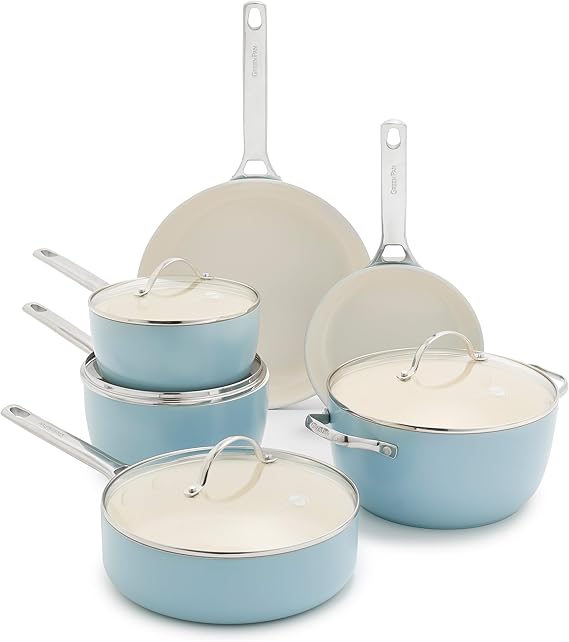 GreenPan Padova Pro 10 Piece Cookware Pots and Pans Set, Hard Anodized Healthy Ceramic Nonstick PFOA and PFAS-Free, Induction Suitable, Stainless Steel Handles, Dishwasher and Oven Safe, Blue Haze