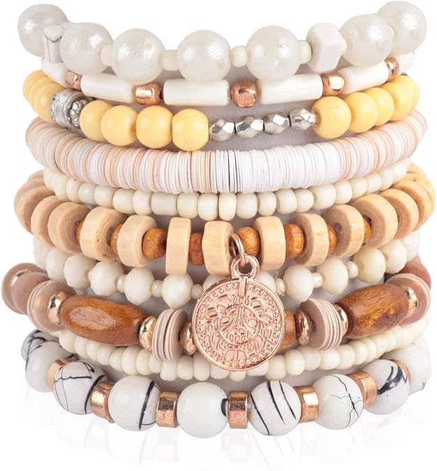 RIAH FASHION Multi Layer Versatile Statement Bracelets - Stackable Beaded Strand Stretch Bangles Sparkly Crystal, Wood Bead, Tassel Charm Pendant