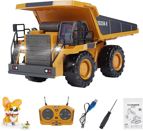 1/24 Scale RC Mining Dump Truck for Adults, 2.4G 9CH Alloy RC Truck with Lights and Sound Effects, RC Construction Vehicle Model + Dog Building Blocks (160+PCS)