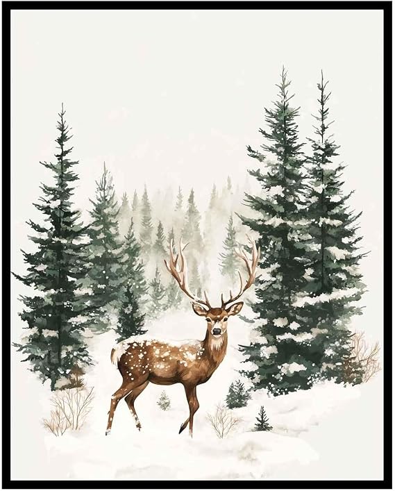 HubbgDesign Deer in Winter Forest Art Print, Nature Wilderness Christmas Tree Decor, Modern Art Rustic Scenic For Living Room, Bedroom, Office (11 X 14 INCH Print Unframed)