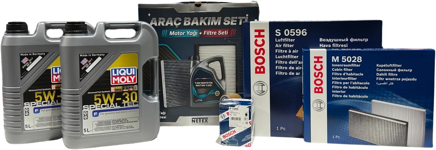 Premium Bakım Seti Ford Transit 1995CC Dizel Ecoblue 170PS EU6.2 Model Yılı (2021-2025) (Liqui Moly 5w30 Motor Yağı, Bosch S0596 Hava Filtresi, M5028 Kabin Filtresi, P7245 Yağ Filtresi)