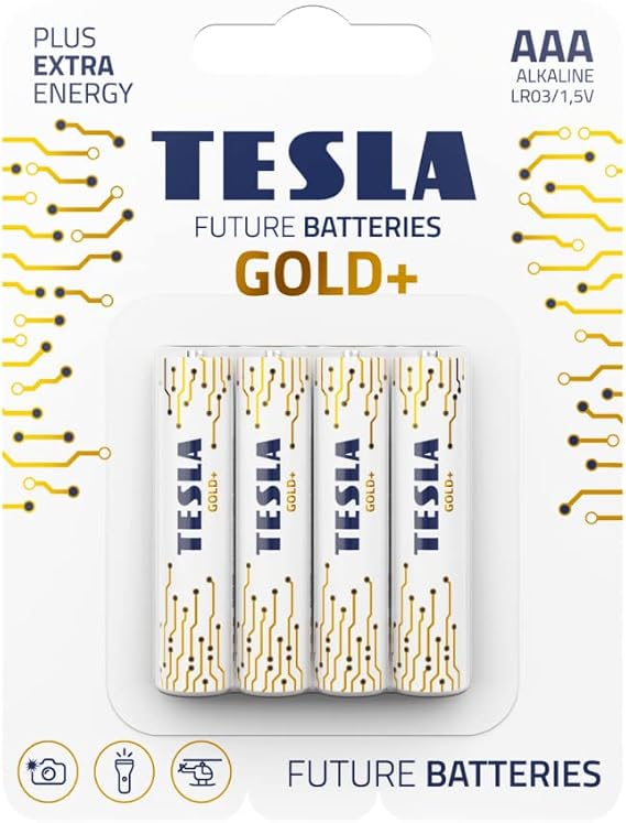 Tesla Batteries Gold+ AAA Maximum Power Alkaline Batteries, 10- Year Shelf Life, A Long-Lasting Battery Life, Leak-Free, 4 Count [Pack of 1]