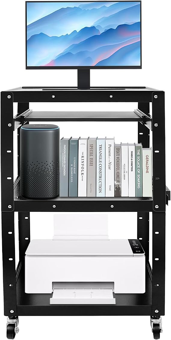 AV Cart Steel Large AV Cart with Wheels and Retractable Tray Adjustable Height Rolling Media Carts with 4 Shelves