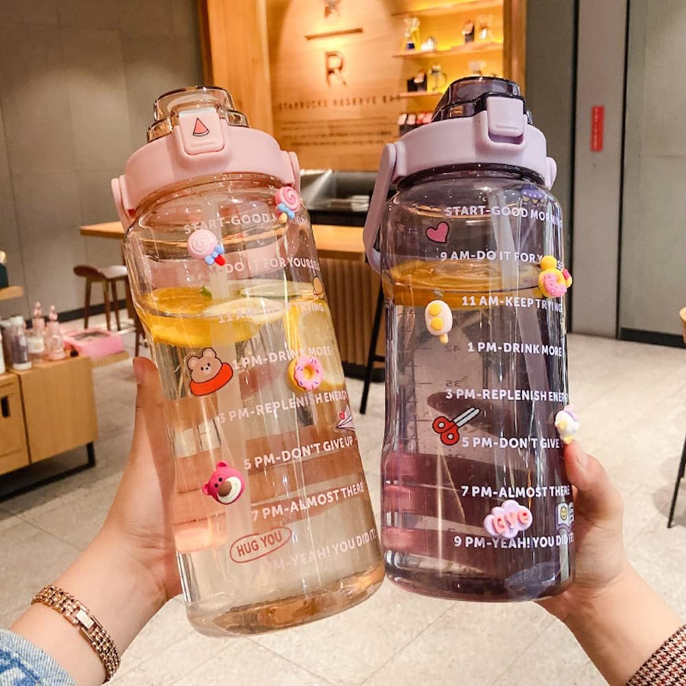 Large Kawaii Clear Gallon Water Bottle with Time Marker and Straw 70oz Kawaii Water Bottle with and Resin Stickers Portable Giant Drinking Bottle for School Sports Yoga Spill Proof Water Jug Pink