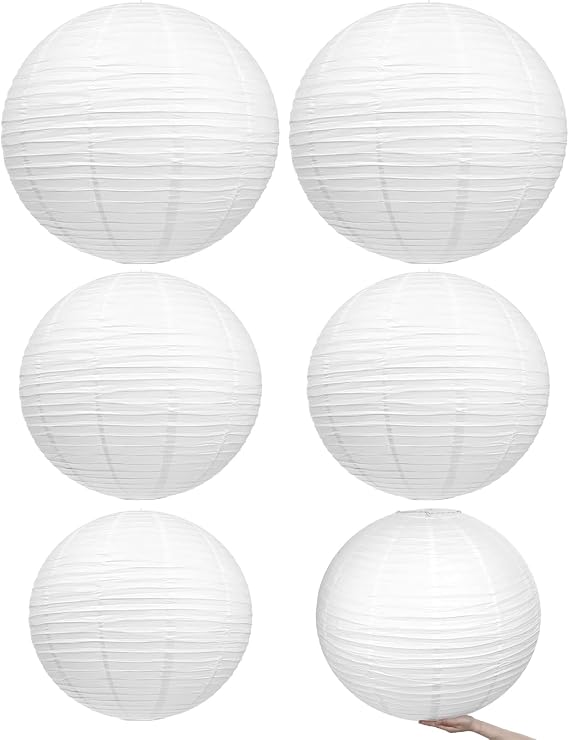 6 PCS Paper Lanterns, Paper Lampshades for Ceiling Lights, Wedding Decorations, Party Props Supplies (White, 3 Sizes)