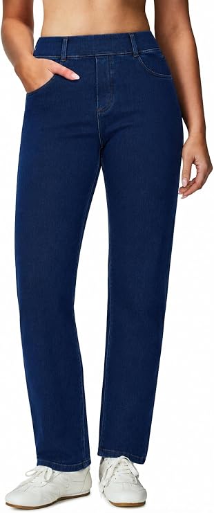 Stretchy Straight Leg Jeans for Women Trendy High Waisted Pull On Pants