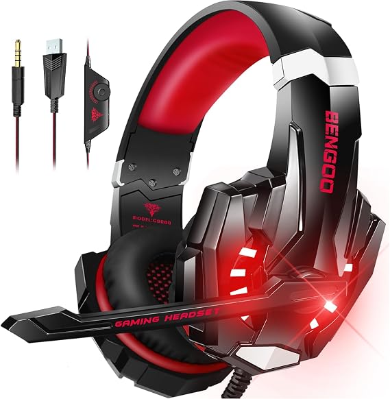 BENGOO G9000 Gaming Headset Red | 3.5mm Wired Headphones | Noise Cancelling Microphone, Stereo, Deep Bass, LED Light, Lightweight, Controller Mute For FPS Gaming