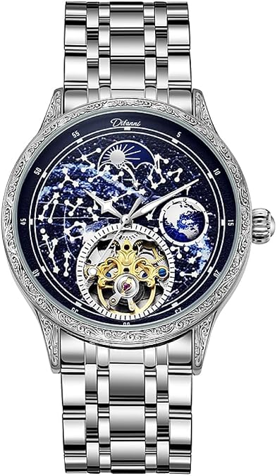 Brilliant Starry Sky Tourbillon Mens Watch Luxury Skeleton Automatic Mechanical Wristwatch Luminous Vintage Stainless Steel/Genuine Leather Strap Watches