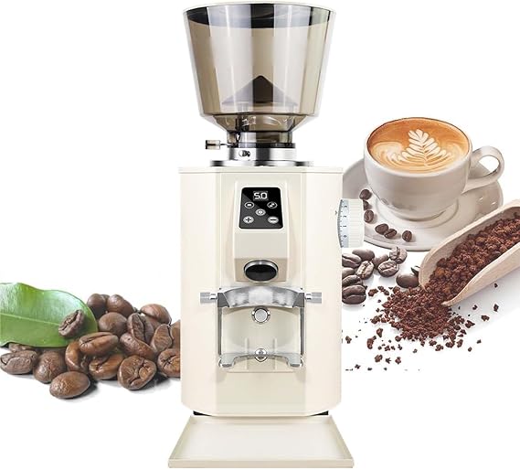 Professional Espresso Grinder, 64MM Electric Coffee Mill Bean Grinding Machine - 453G (1Lb) Bean Hopper Capacity, Stainless Steel Burrs, Digital Timer Display,Beige